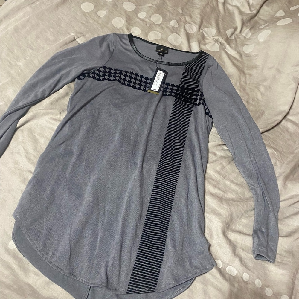 Worthington Gray Long Sleeve Top with Patterned Accents